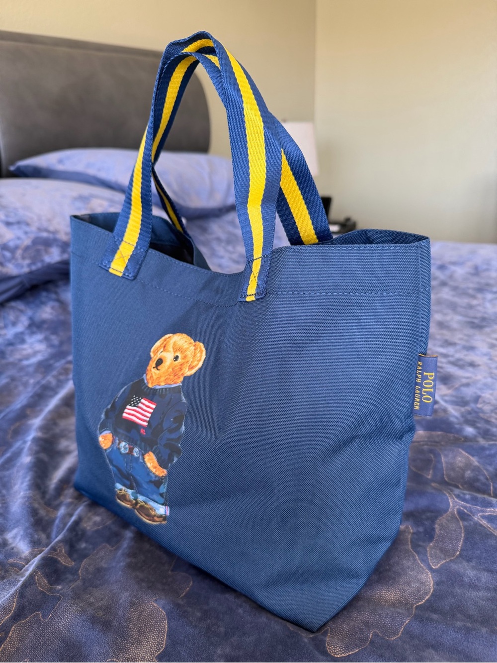 Polo by Ralph Lauren Navy Tote with Yellow-Striped Handles and Bear Graphic
